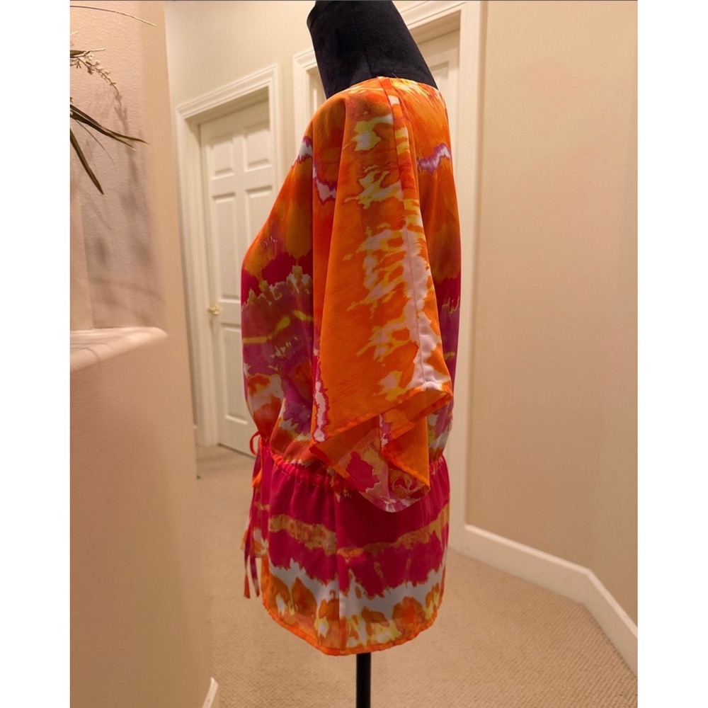 Chaps Womens XS Tie Dye Blouse Orange Pink Boat Neck Drawstring Waist Top